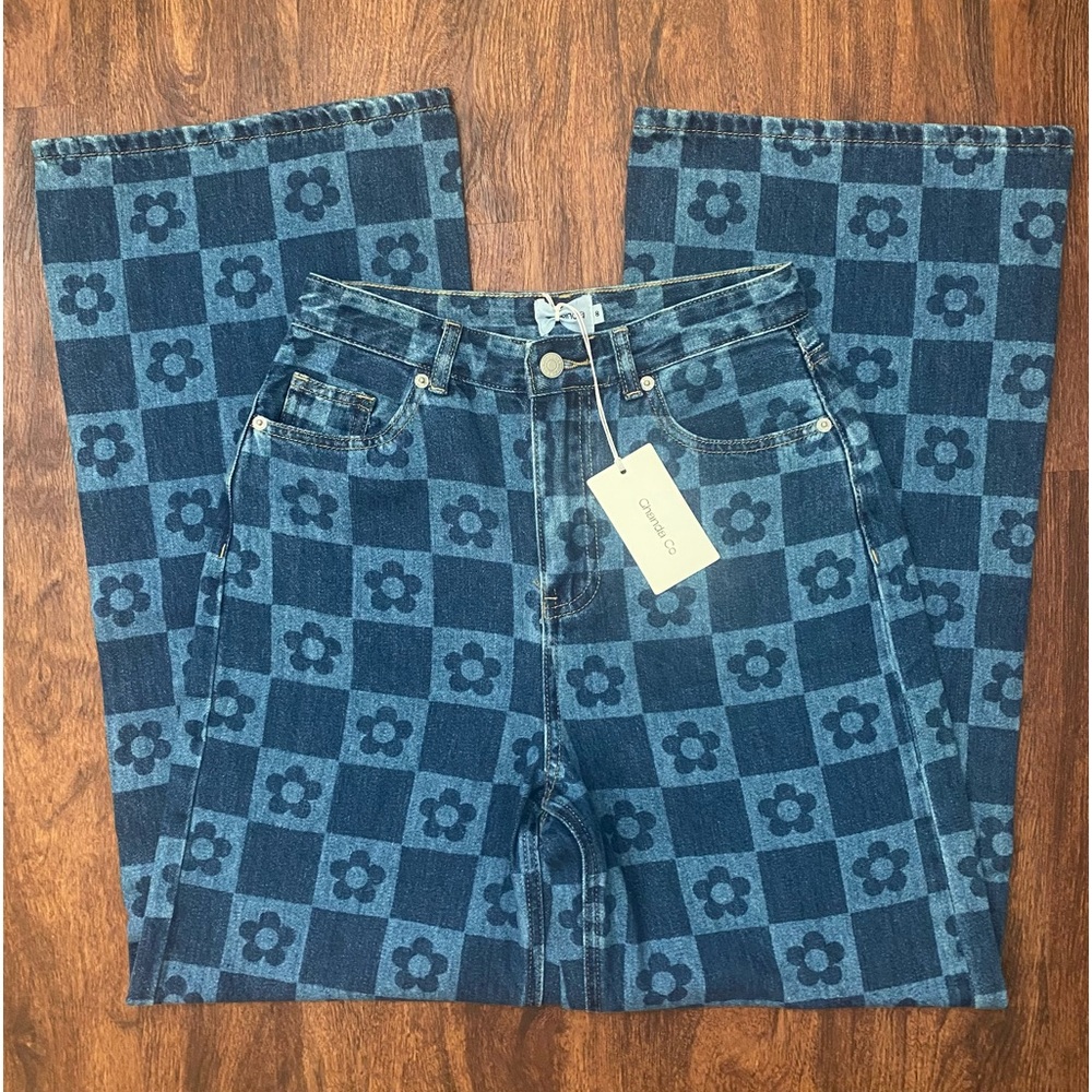 Retro checkered loose fit wide leg jeans!! - Picture 4 of 10